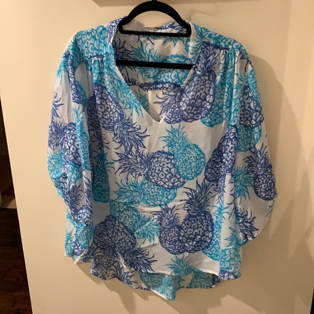 Larsen Gray Blue Sheer Pineapple Blouse Size XL